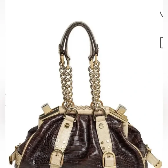 Vintage Versace Brown/Cream Croc EmbossedLeather Madonna Satchel NWT - Picture 5 of 12